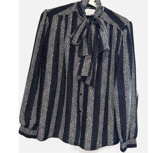*VINTAGE*Susan Hutton Blouse/80's rolled neck w/ scarf black & white size 8